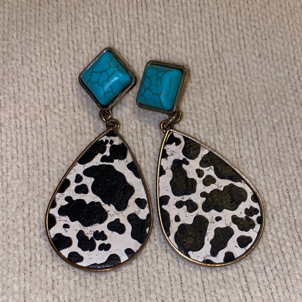 Cow Print Teardrop Earrings with Turquoise Accents